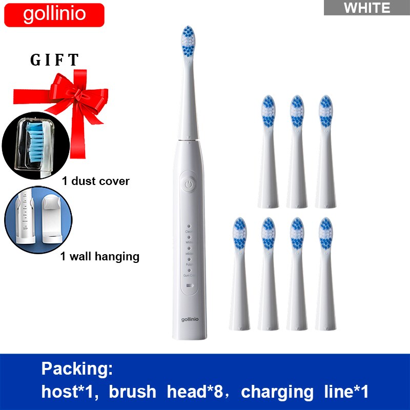 Gollinio-cepillo de dientes eléctrico recargable por Usb, dispositivo dental electrónico de carga rápida GL09A, cabezal de repuesto sónico, resistente al agua, xp7: GL09WHITE8H-H