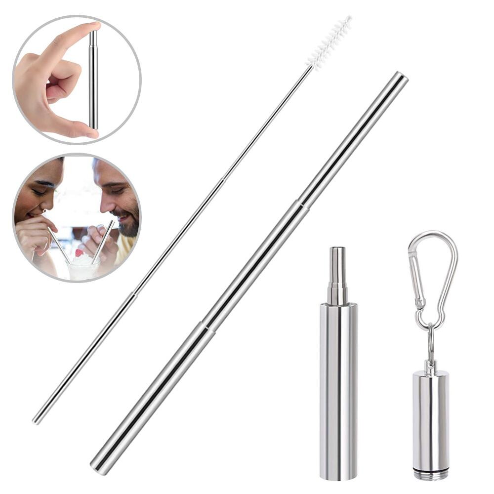 3 Section Telescopic Metal Drinking Straw Portable Straw for Travel Reusable Collapsible Stainless Steel Straw with Case & Brush: silver