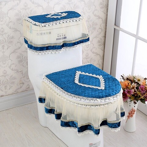 Asiento de inodoro de encaje para baño, cubierta de tanque de agua, Cubierta superior, juego de almohadillas de inodoro, cojín Protector de inodoro con estampado Floral de tres piezas: 4