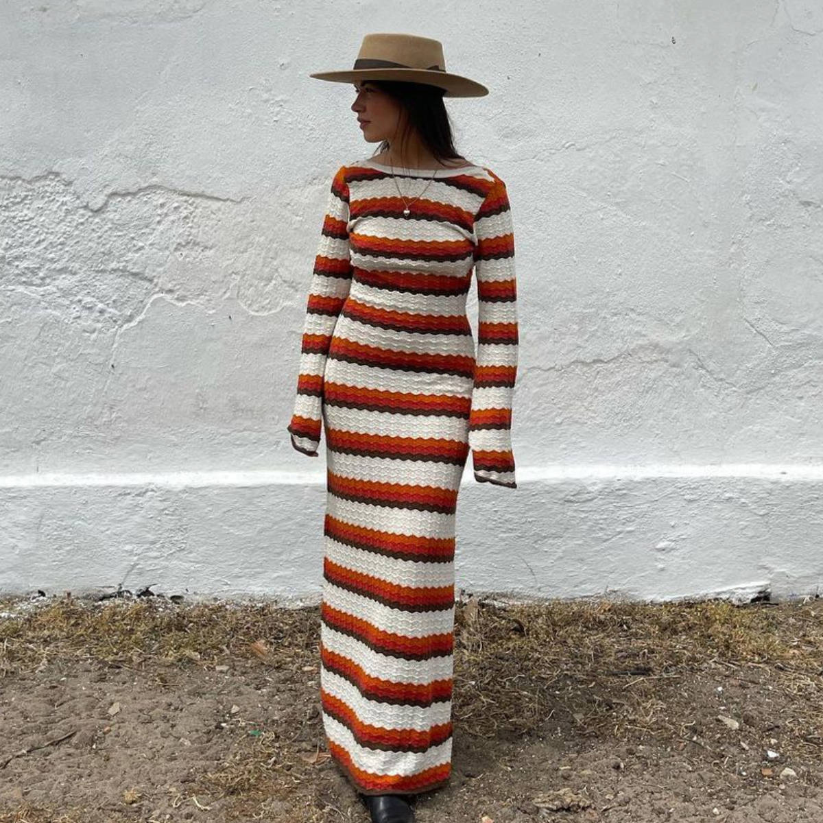Knitted Crochet Stripe Maxi Dress Women Horn Sleeve Beach Dress Female Evening Party Chic Long Dresses: S