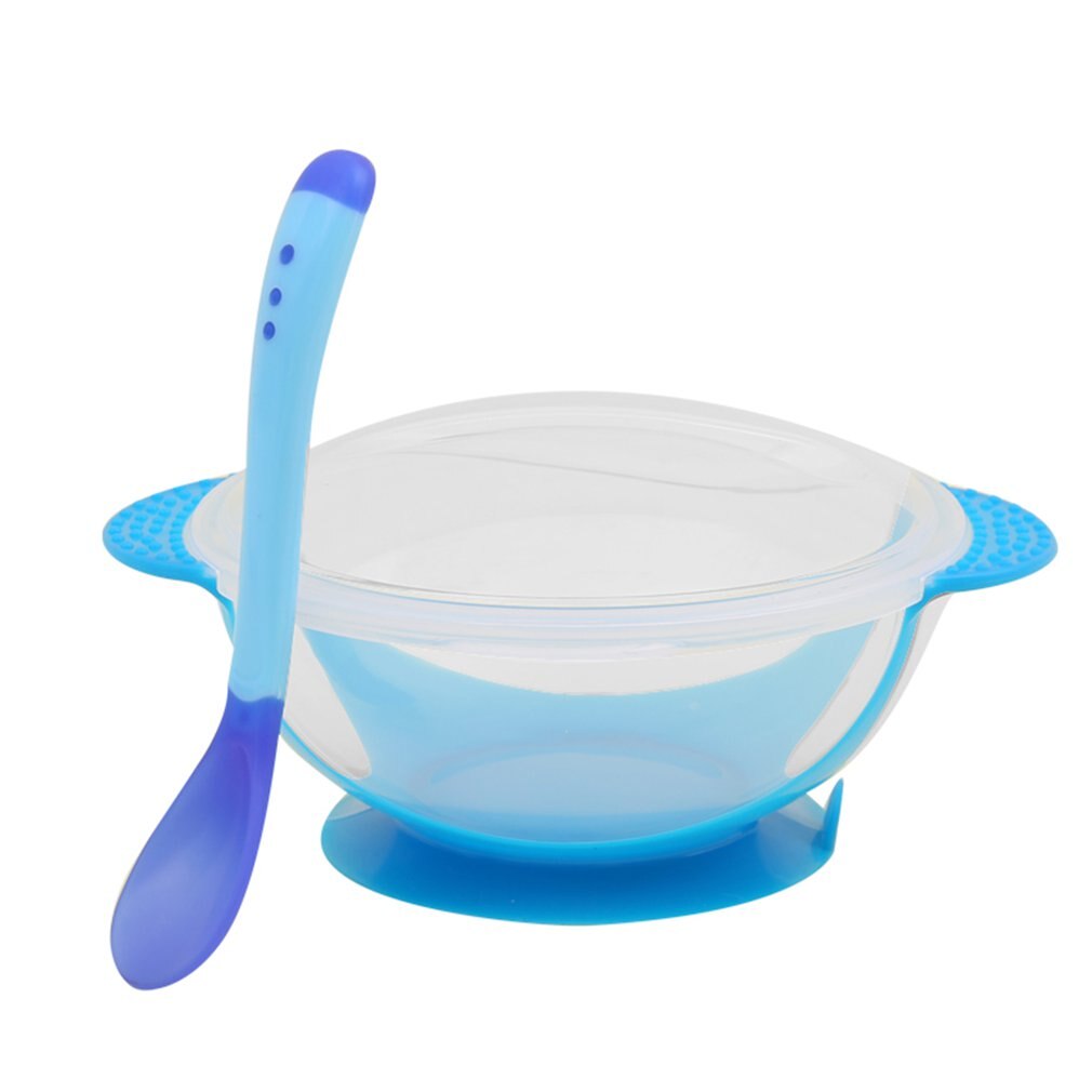 1 Set Temperatuur Sensing Feeding Lepel Kind Servies Voedsel Kom Leren Gerechten Service Plaat/Tray Baby Servies: Blue