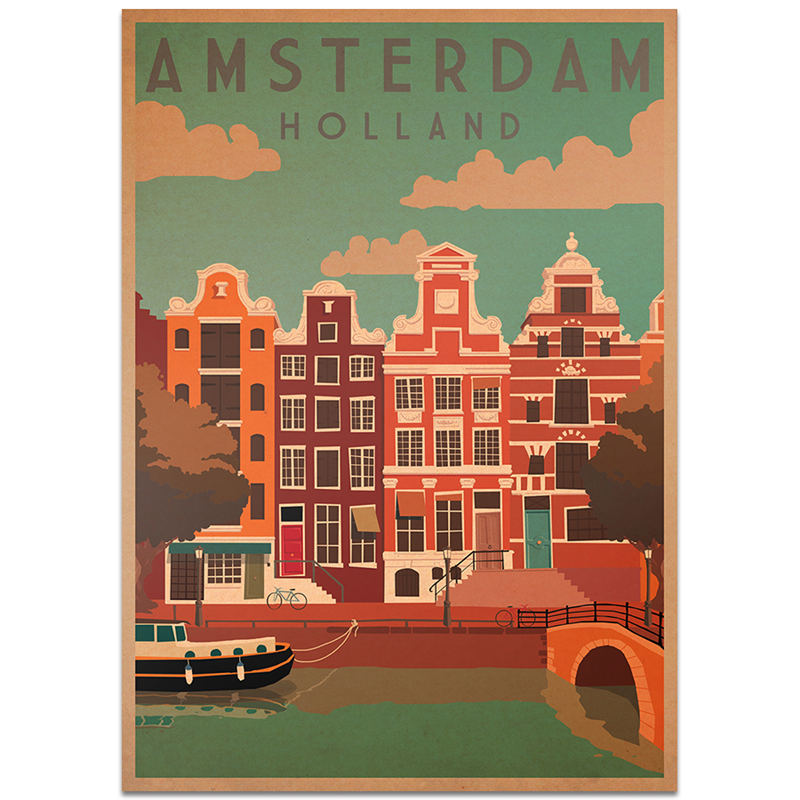 Amsterdam bygning plakat væg kunst klistermærke vintage kraftpapir cafe pub bar hotel indretning håndmalet landskab billede 42 x 30cm: By 13