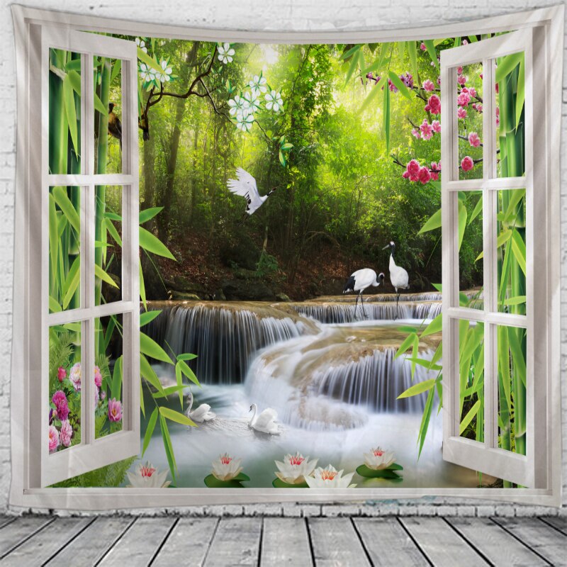 3D window beautiful scenery tapestry wall hanging green bamboo forest waterfall tapestry gng cloth bedroom living room dormitory