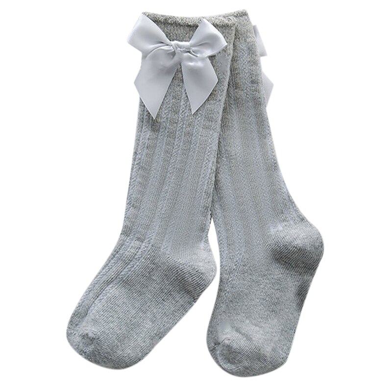 Baby Meisjes Sokken Leuke Boog Knoop Knie Hoge Kinderen Buis Sokken Ademend Effen Kleur Kinderen Sokken: Gray / 2-4year