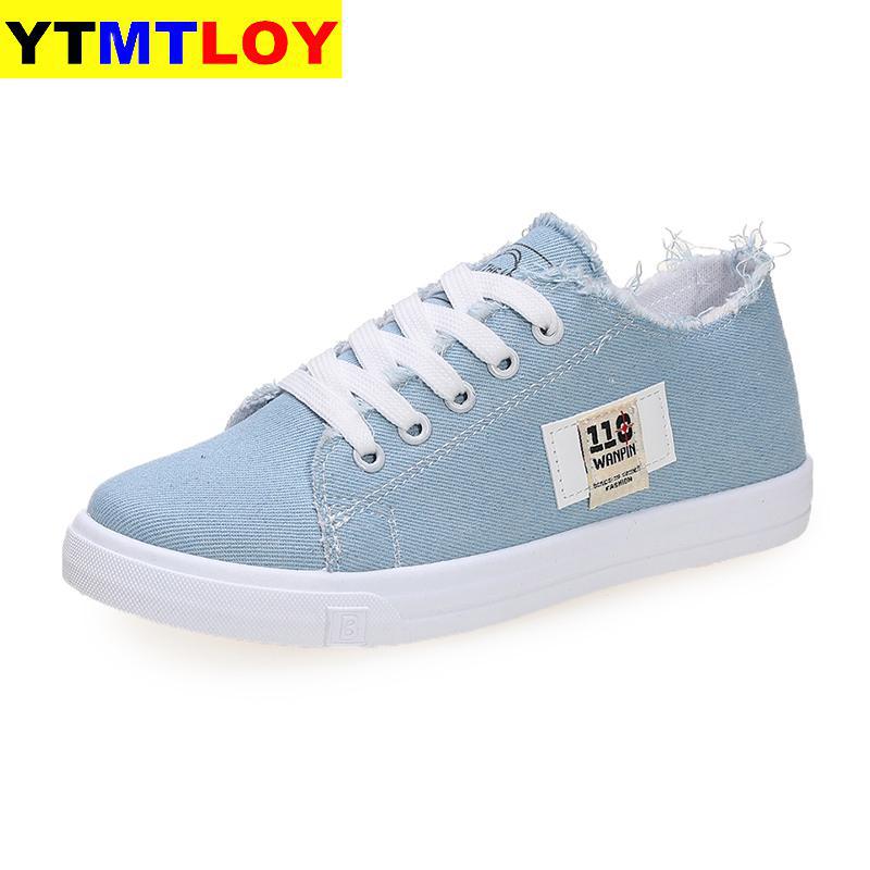 Canvas skor kvinna snörning vår/höst sneakers för tjejer denim solid blå/vita fritidsskor tennis: Blå / 36