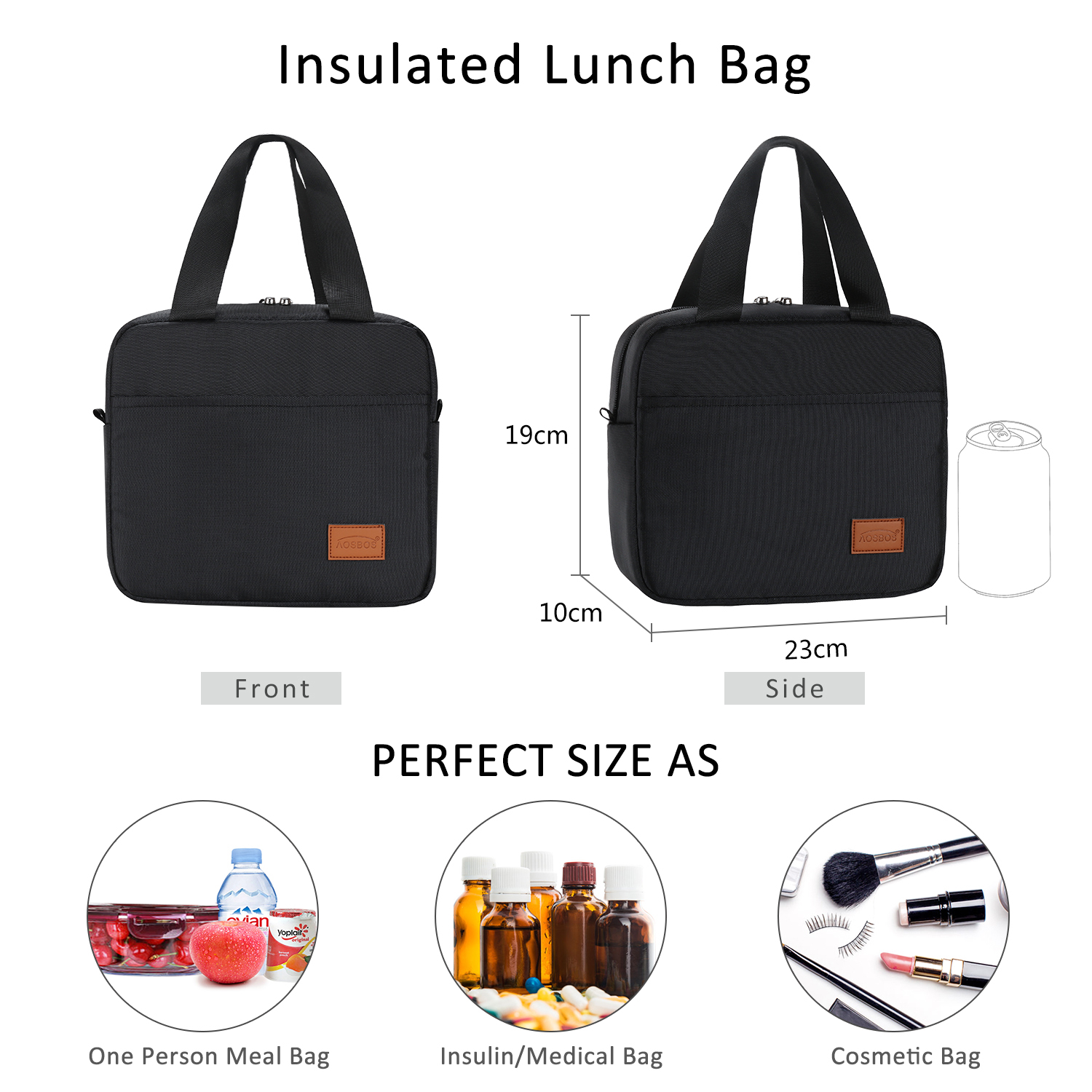Aosbos bærbar isoleret lærred frokostpose termisk mad picnic frokostposer til kvinder mænd solid køligere madpakke taske: Sort lille