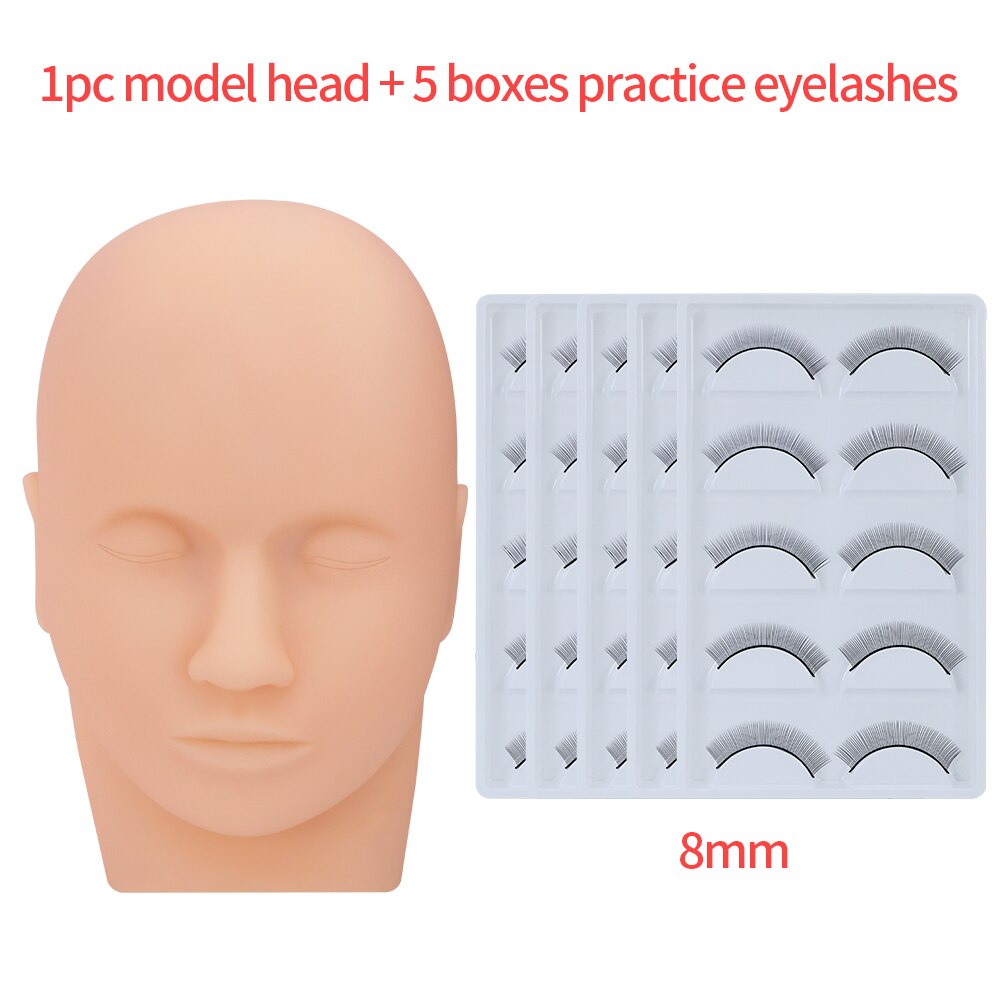 Práctica de pestañas postizas, maniquí de entrenamiento, cabeza plana, práctica de maquillaje, extensiones de pestañas: 1 Pc 5 Boxes 8mm