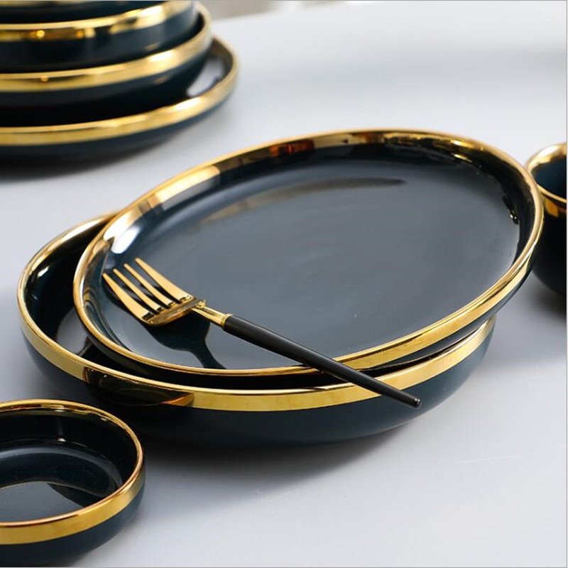 Jante dorée porcelaine vert foncé ensemble d'assiettes de cuisine assiette en céramique vaisselle nourriture plats riz salade nouilles bol tasse couverts