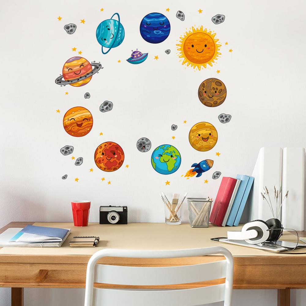 Cartoon space planet wallpaper for Kids Room Solar System Earth Children Nursery Mural Decals Background Decor