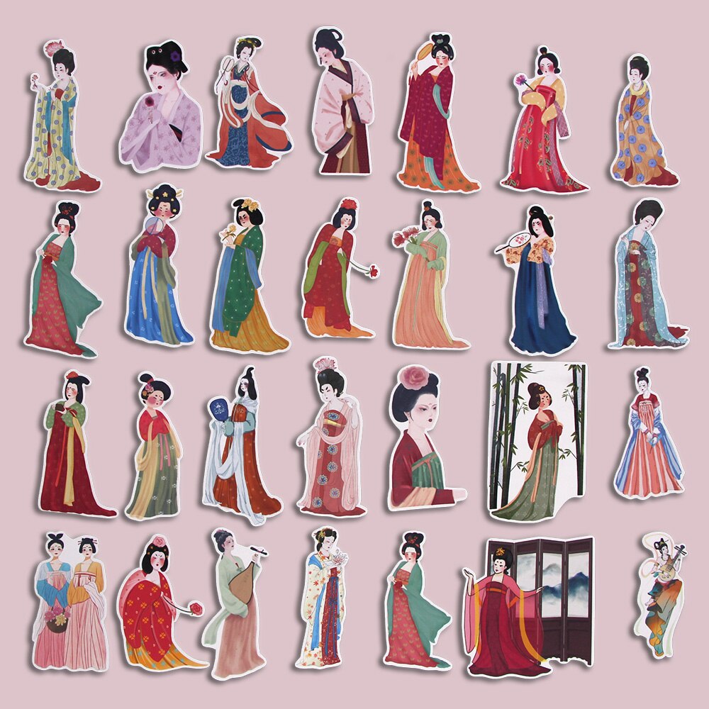 28Pcs/pack Tang Dynasty Ladies Stickers Ancient Chinese Style Sticker For Diary Notebook Scrapbooking Stationery Supplies