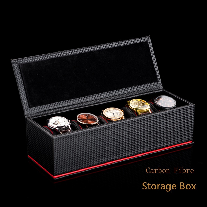 5 Slots Carbon Fibre Horloge Box Organizer Zwart Horloge Case Opslag Mannen Horloge Display Case