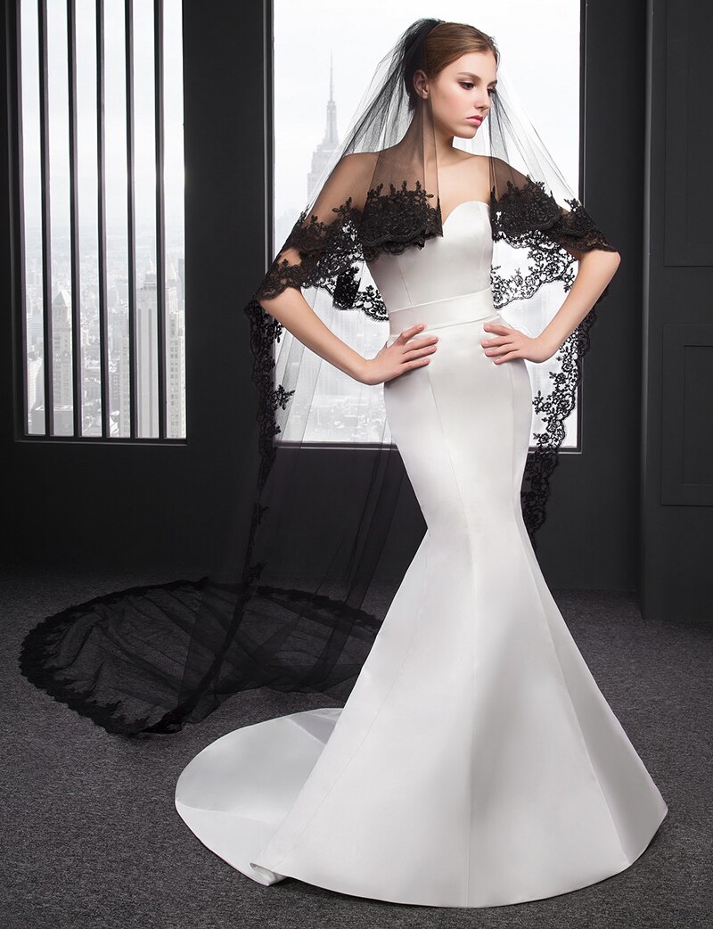 Voile de mariée en dentelle noire à deux couches, 2020x300 CM, Long voile de mariée avec peigne, à la , 150