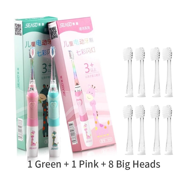 Seago-cepillo de dientes eléctrico para niños, linterna LED de colores, 16000 golpes, resistente al agua, alimentado por batería: GreenPink8bigheads
