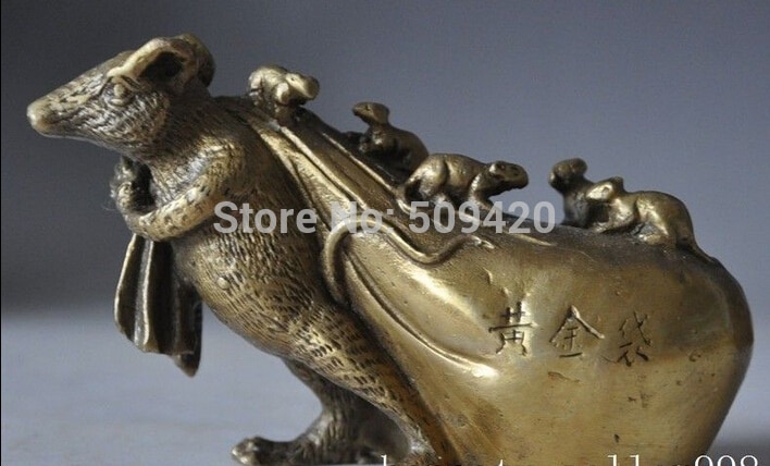 Chinese feng shui brons messing rijkdom zodiac muis muizen rat dier beest standbeeld