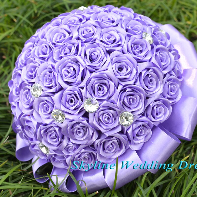 Real Photos Gorgeous Diamond Wedding flowers Light Purple Silk Bridesmaid Bridal Bouquets artificial Crystal Wedding Bouquet