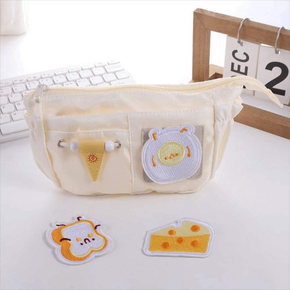 Caja organizadora de lápices de gran capacidad, estuche de lápices con parche bordado estético, bolsa de almacenamiento de papelería creativa de dibujos animados, bricolaje
