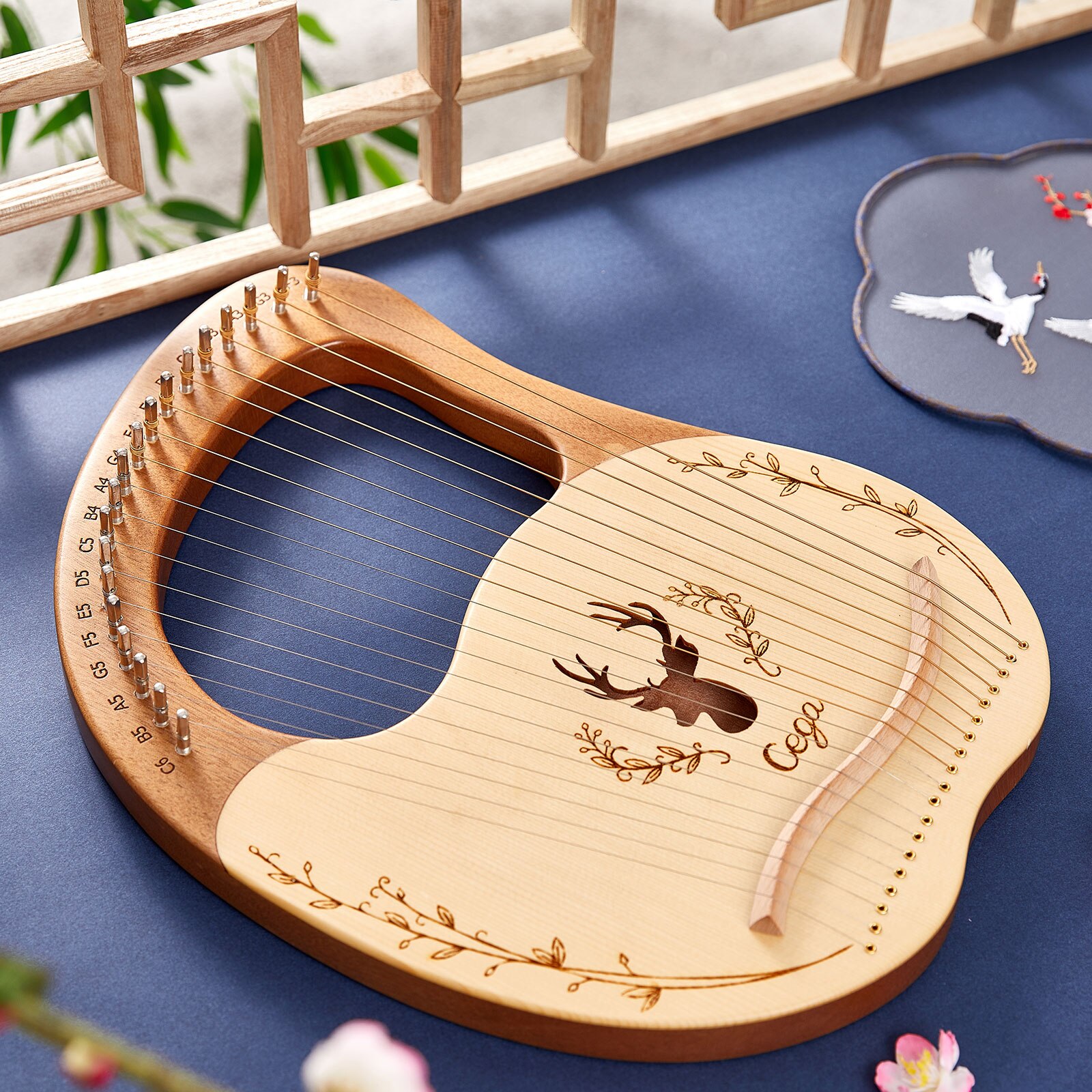 19-String Wooden Lyre Harp Resonance Box String Instrument with Tuning Wrench 3pcs Picks Sticker Extra Set of Strings
