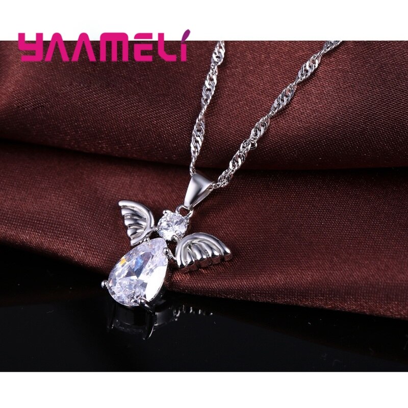 Conjuntos de joyería con forma de Ángel para mujer, conjunto de collar y pendientes con colgante de plata de ley 925 de cristal, de cumpleaños