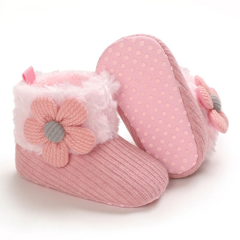 Winter Cute Baby Boy Girl Flower Cotton Knitting Boots Casual Shoes First Walker Non-slip Soft Sole Shoe 0-18M