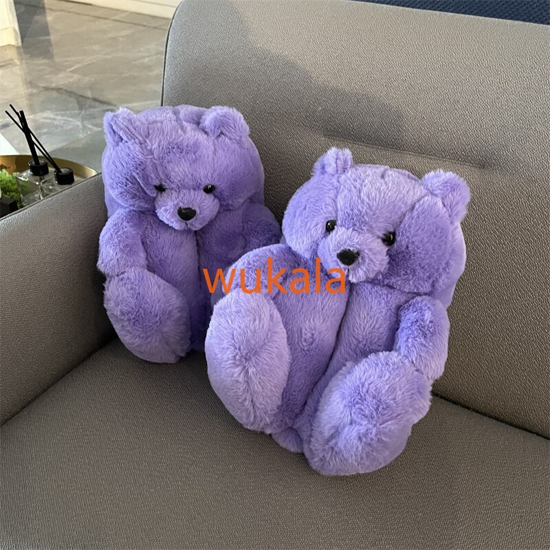 Pantofole da donna in peluche viola orsacchiotto uva viola morbida pantofola da casa per donna orso carino ragazze pelliccia sintetica pelliccia scivoli scarpe pelose: Default Title