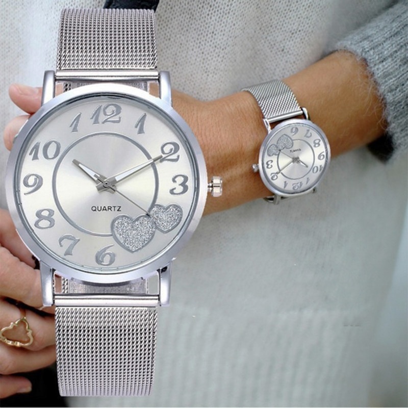 Vrouwen Horloges Luxe Rvs Liefde Vorm Mesh Goud Zilver Quartz Horloge Dames Armband Horloge Mode