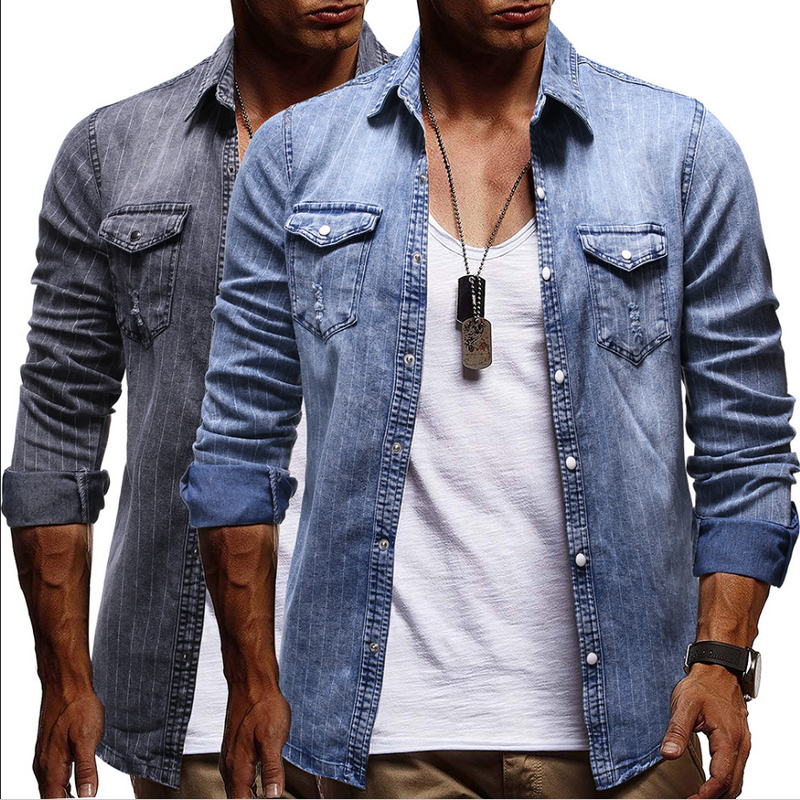 Camisa de mezclilla a rayas vestido de algodón de manga larga Jeans camisas de hombre blusa de hombre gris azul nueva llegada