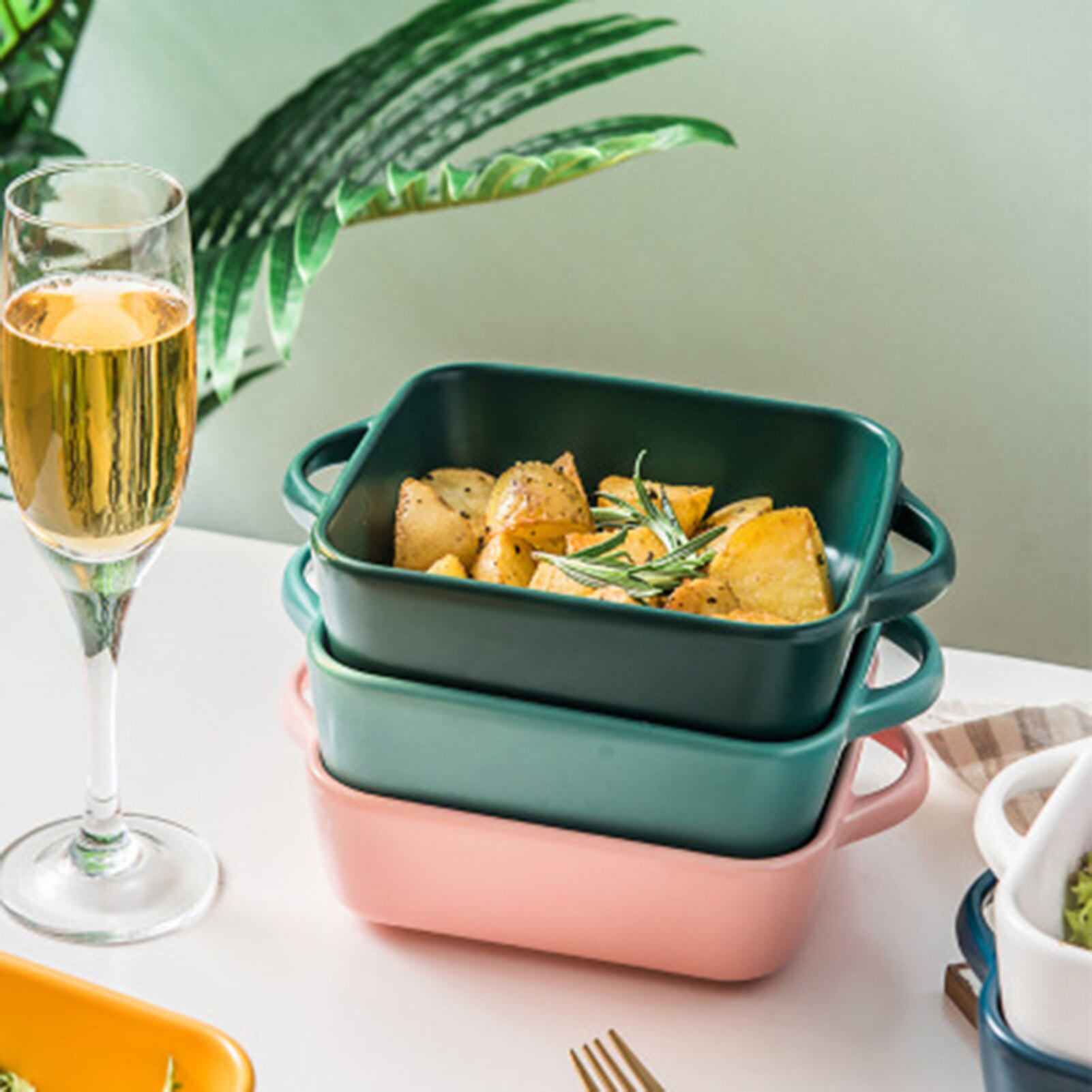 Ceramic color glazed binaural baking tray Simple pasta baked rice tray Barbecue grilled meat cheese tray Kitchen cooking tools