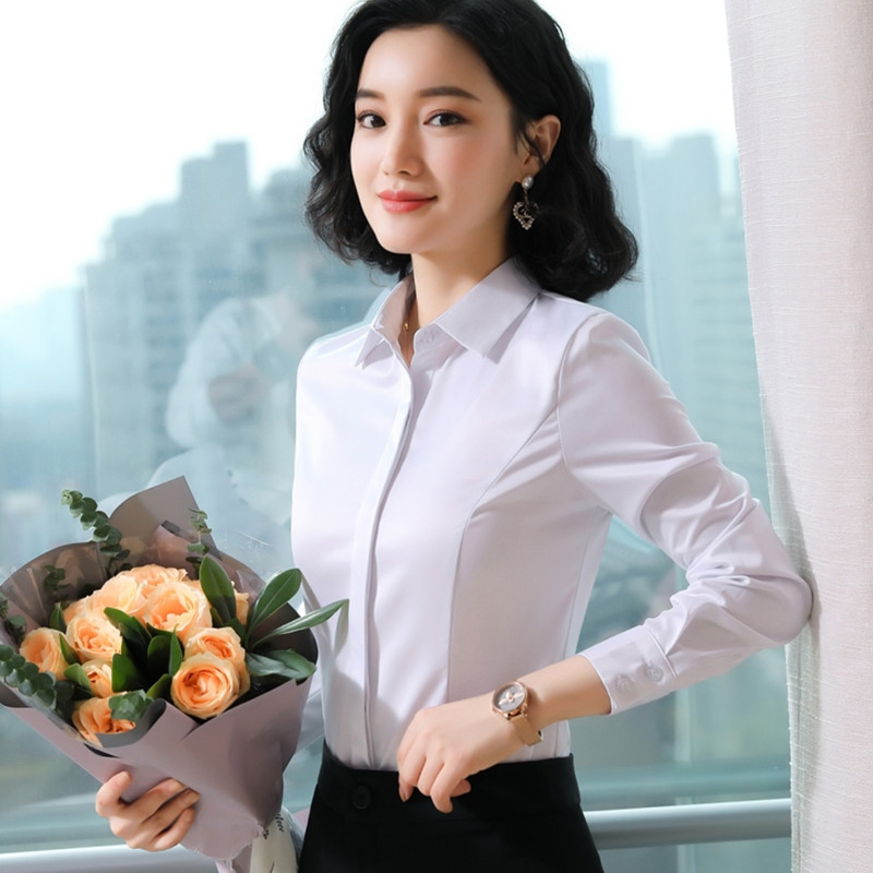 Spring Women Business Shirt Formal Long Sleeve Slim Chiffon Blouses Office Ladies Temperament Work Tops: White / L