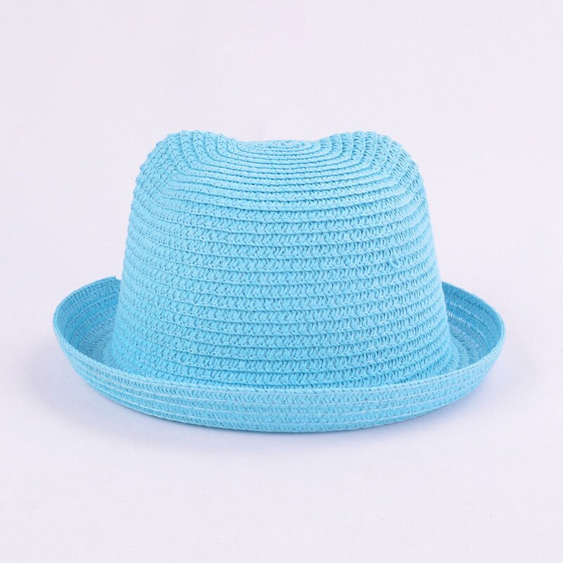 Chapeau de paille mignon avec des oreilles d'été en plein air enfants disquette Panama chapeau enfants filles garçons nuances plage chapeau de soleil: sky blue