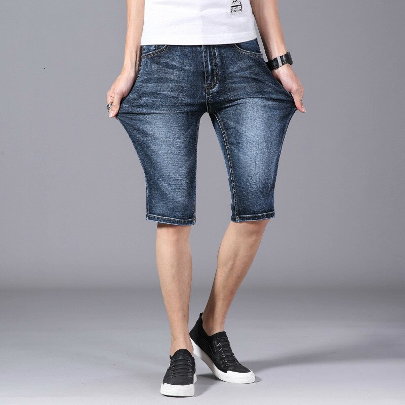 Jeansshorts för män 2022 #39 stretch tunn cowboy cowboy manliga knäbyxor blå casual jeans shorts herr