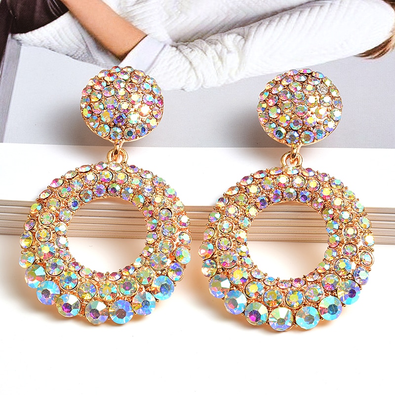 Erklæring runde farverige rhinestone lange øreringe høje krystaller smykker tilbehør til kvinder