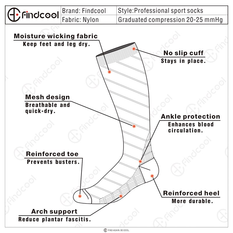 Findcool Knee High Compression Socks Outdoor Sports Socks Running Cycling Travel Boost Stamina Long Sock for Men Women
