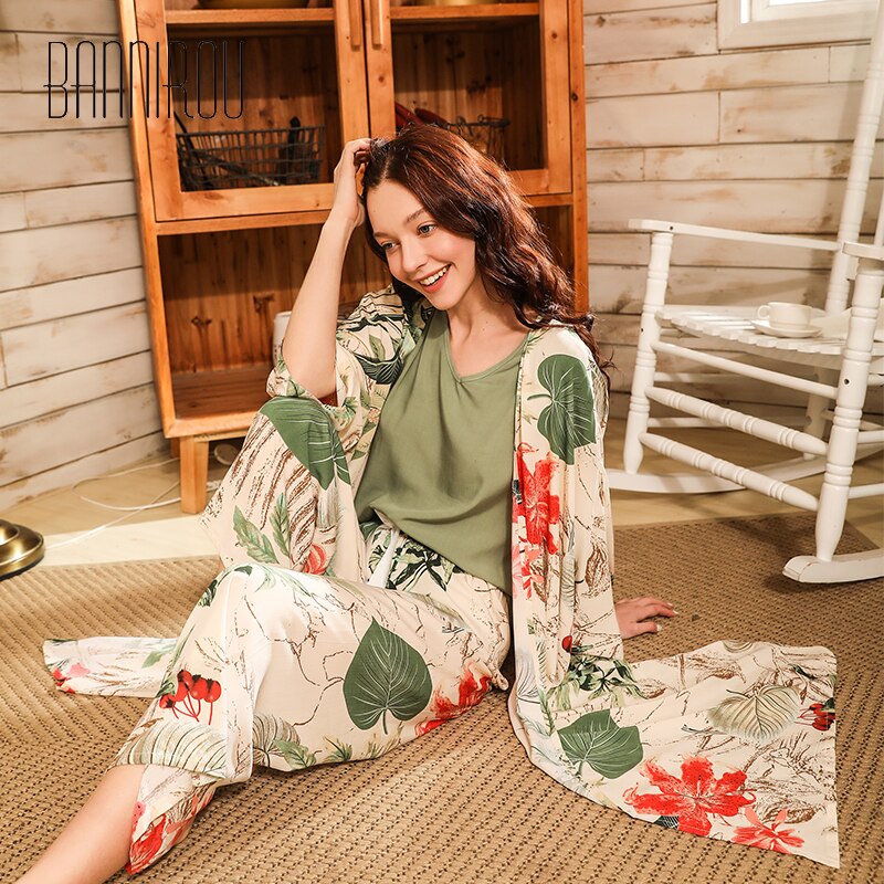 BANNIROU Autumn Women Pyjamas Sets Printed Pajamas Set Viscose Floral Spring Night Suits Home Wear Female Pajamas Sets 4 Pcs