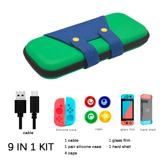 5 En 1 consola de juegos bolsa de almacenamiento para Nintend Switch NS caso para Nintendo interruptor + Hard Shell + de templado de vidrio de película + 2 agarre tapas: 9 in 1 green