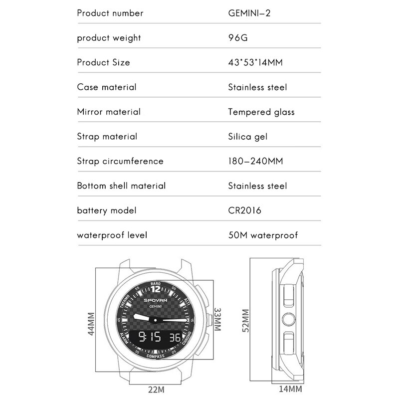 Gemini Smart Horloge Dubbele Display Sporthorloge Hoogtemeter Barometer Kompas Waterdicht Weersverwachting Led