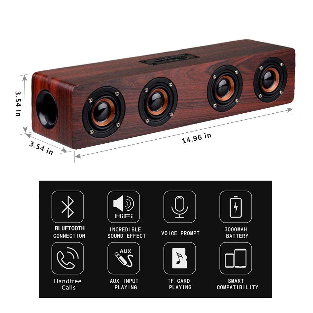 HYASIA Soundbar Bluetooth Speaker Wireless Wooden Desktop PC Speaker TV Support TF AUX Handsfree Audio for Bookshelf Phone Home