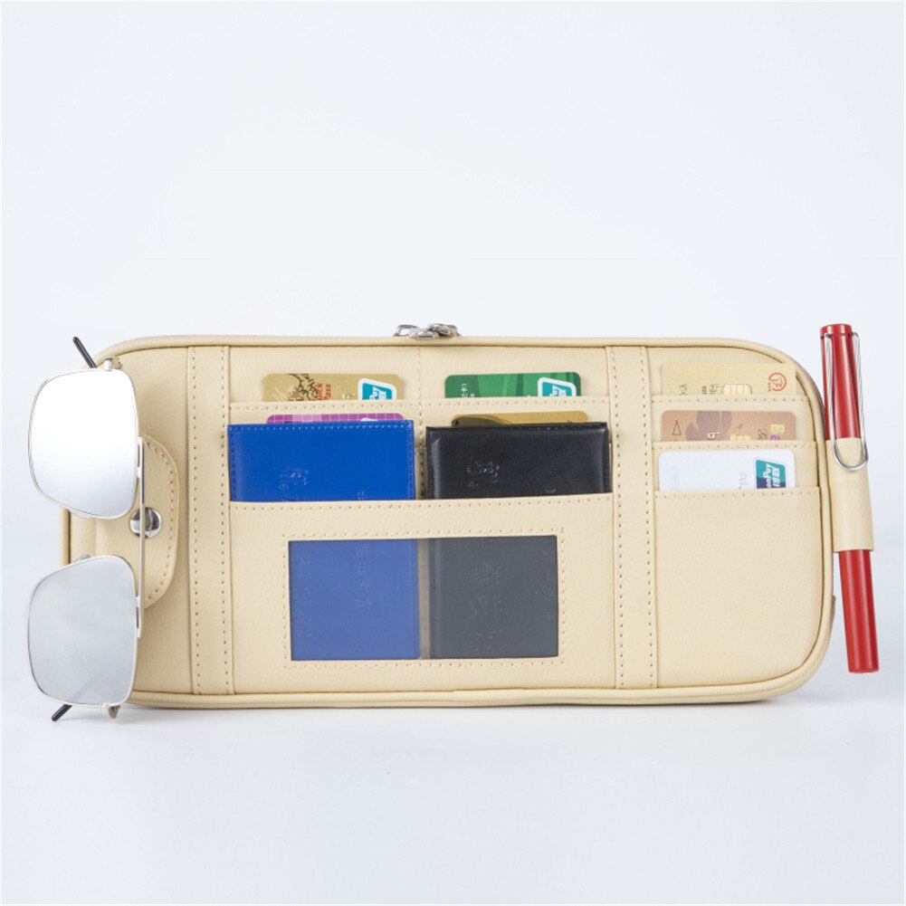 Sac de rangement multifonctionnel pour pare-soleil de voiture, pochette pour téléphone, porte-lunettes, porte-cartes et billets: Beige