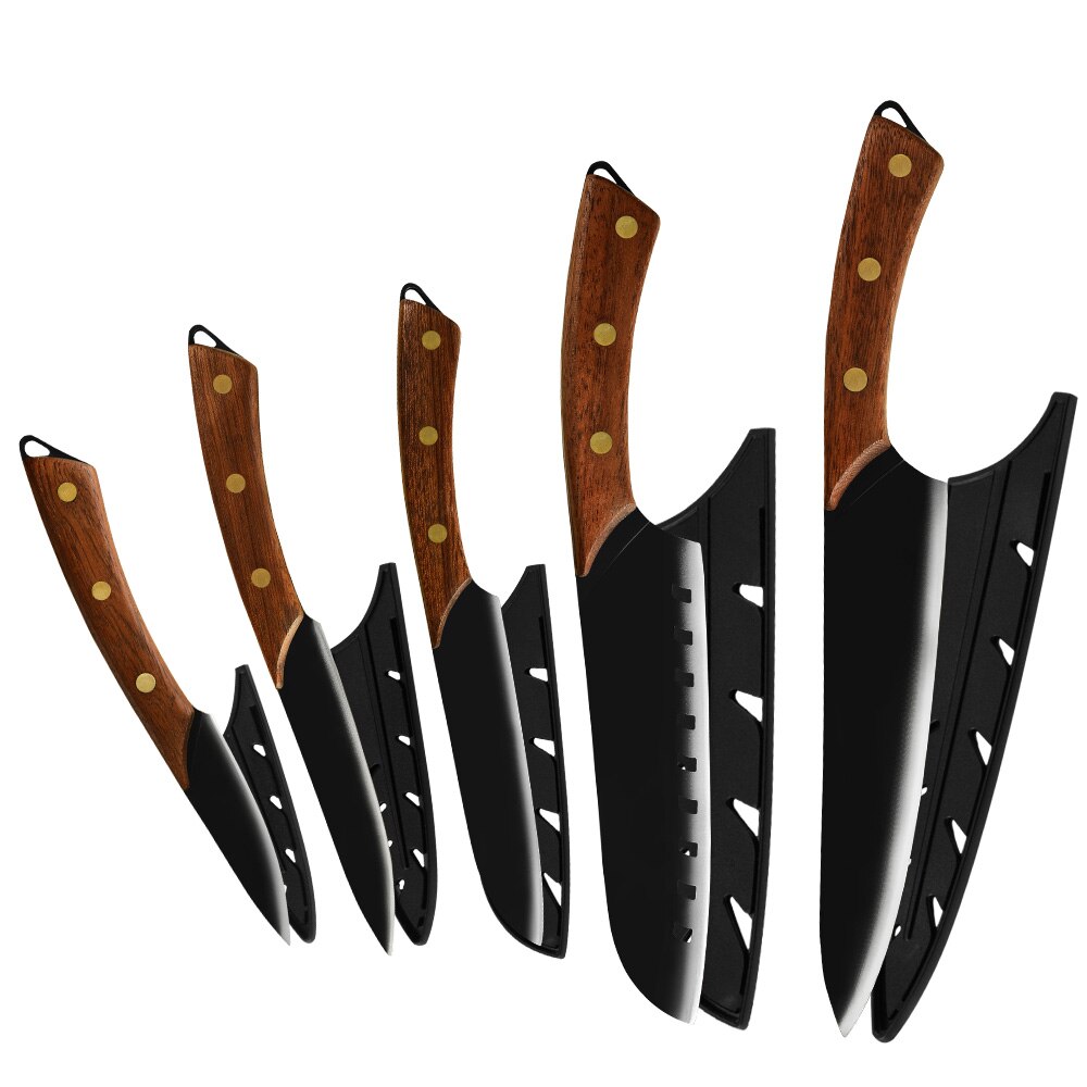 Damask Stainless Steel 5PCS Black Matte Hollow Blade Kitchen Knife Set Chef Knife Slicing Knife Wood Handle Kitchen Cleaver: 5 pcs set