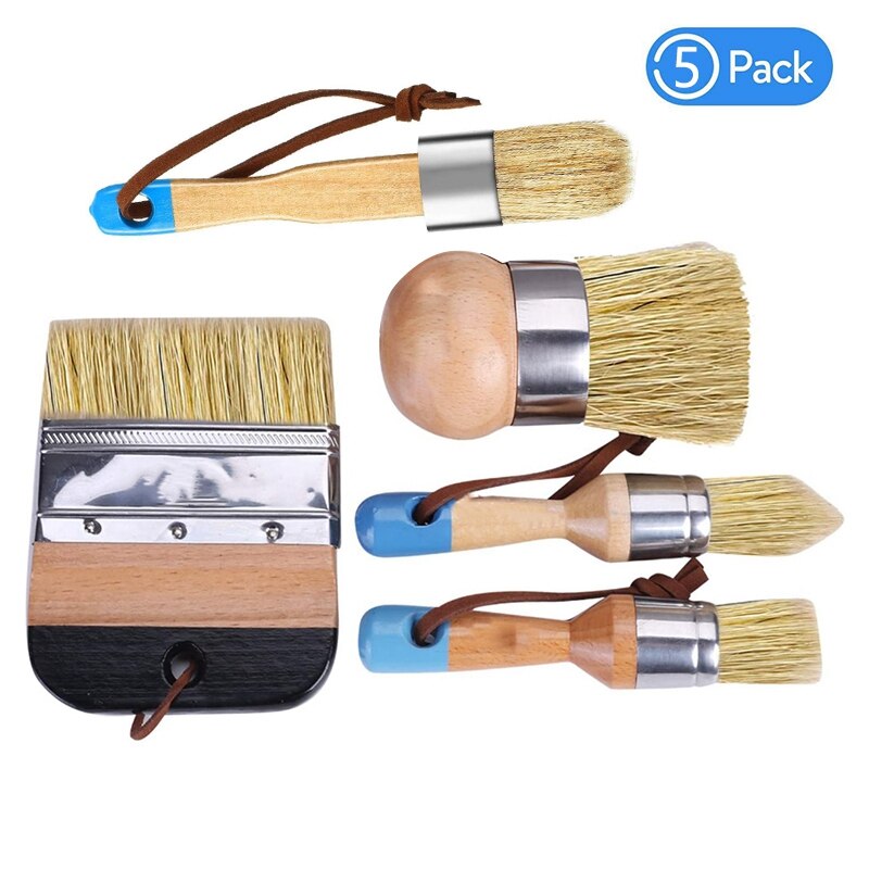 5Pcs Chalk Paint & Wax Brush Natural Bristle Brush Set - Round Brush, 3 Piece Brush Set & 4Inch Flat Brush