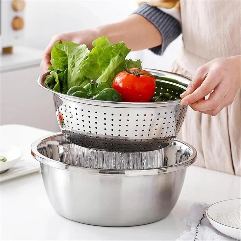 Multifonctionnel inox bassin évier cuisine passoire Fine maille panier légumes lavage bol 3 pièces ensemble directe