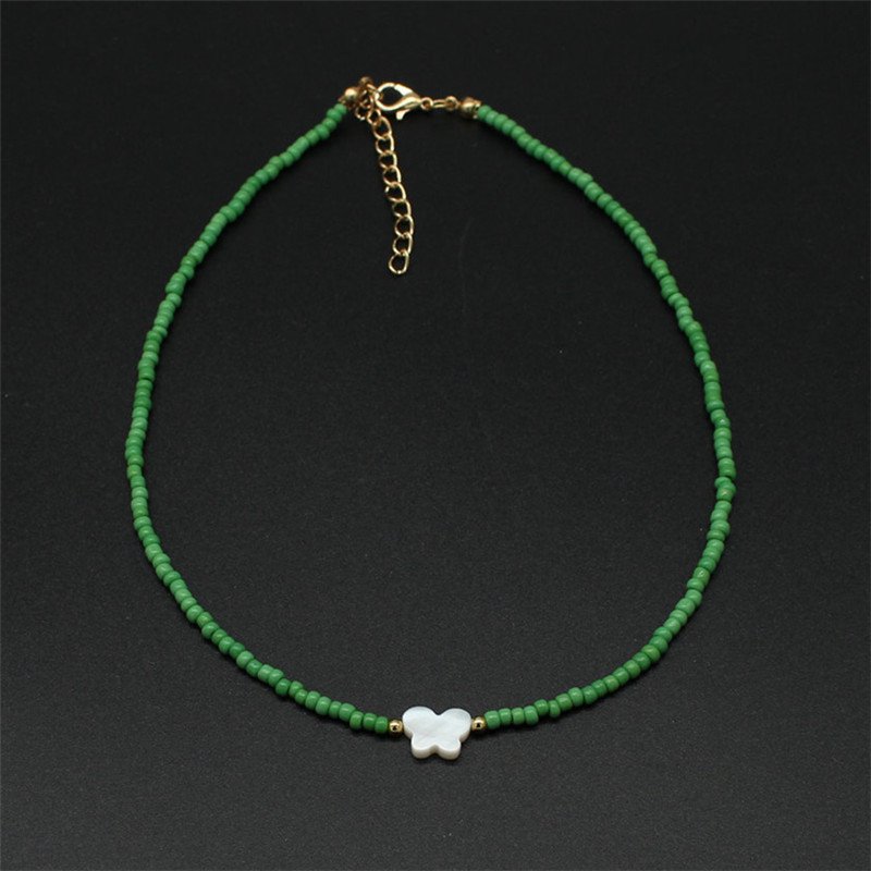 Colorful Beads Choker Women Shiny Pearl Shell Butterfly Pendant Necklace Double Layer Clavicle Chain Jewelry Accessories: 11