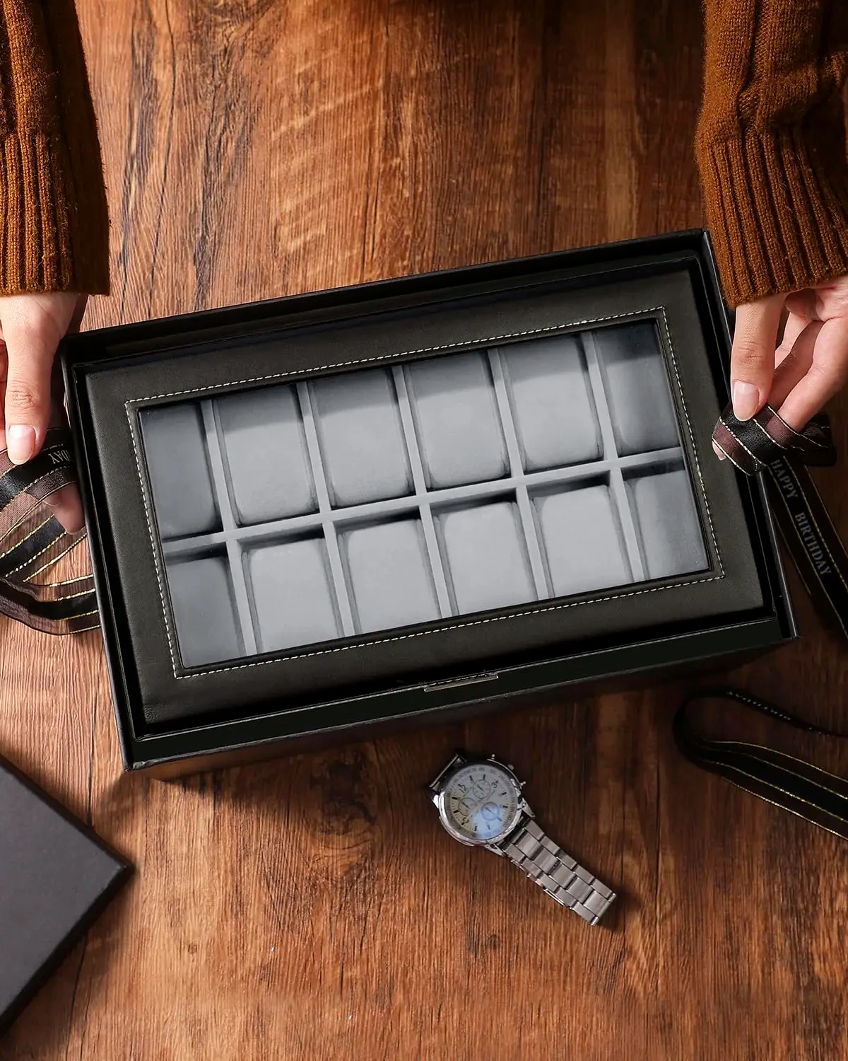 Watch Box 12 Slot Watch Display Organizer & 6 Glasses Organizer Case PU Leather Jewelry Case Drawer Glass Birthday for Men Women