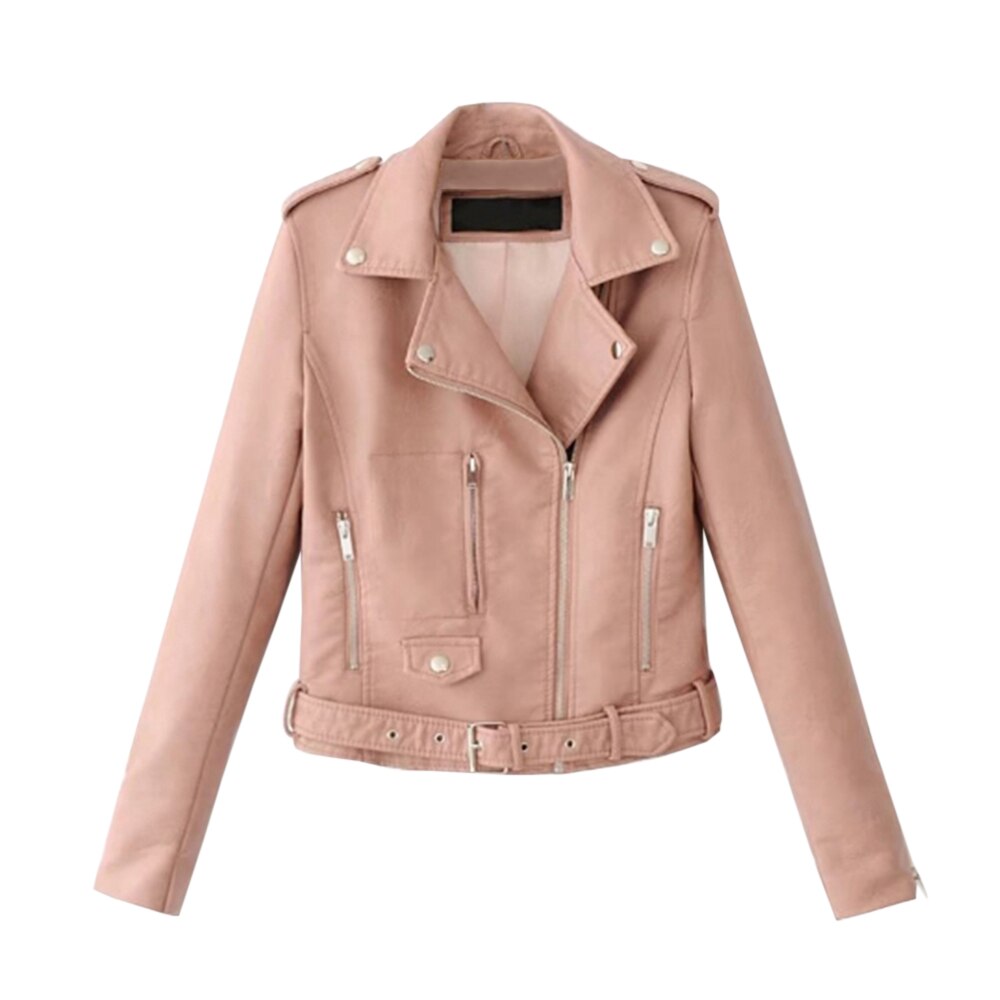 Autumn Women Slim Cool Lady PU Leather Jackets Sweet Female Zipper Faux Femme Outwear Coat Plus Size Short Jackets: pink / Asian Size L