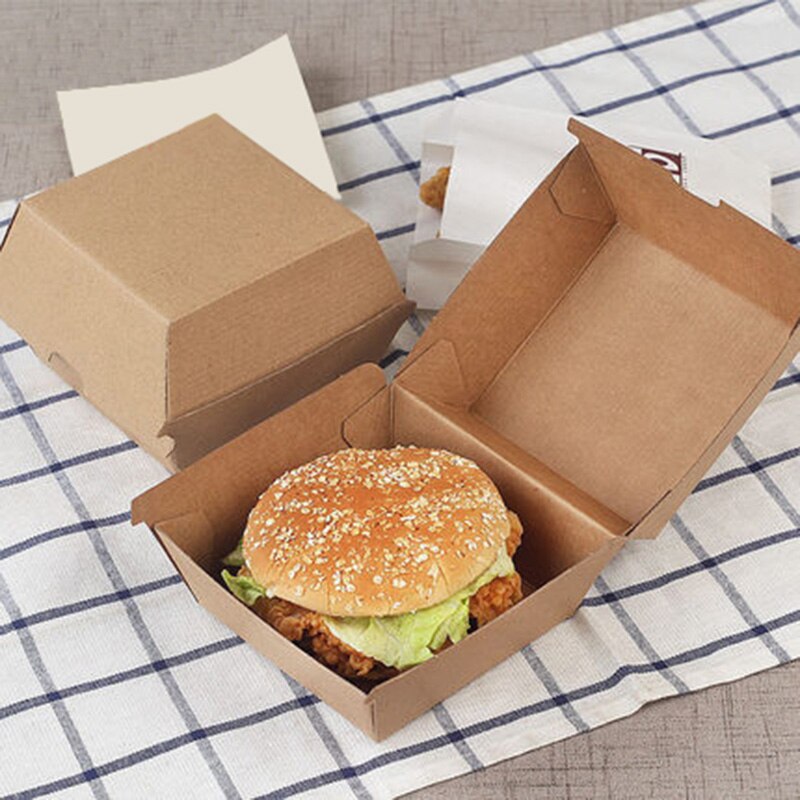 50p Food Grade Kraft Hamburger Box Disposable Fast Food Fried Chicken Beefsteak Wrapping Box Take-out Food Packing Box Doggy Bag
