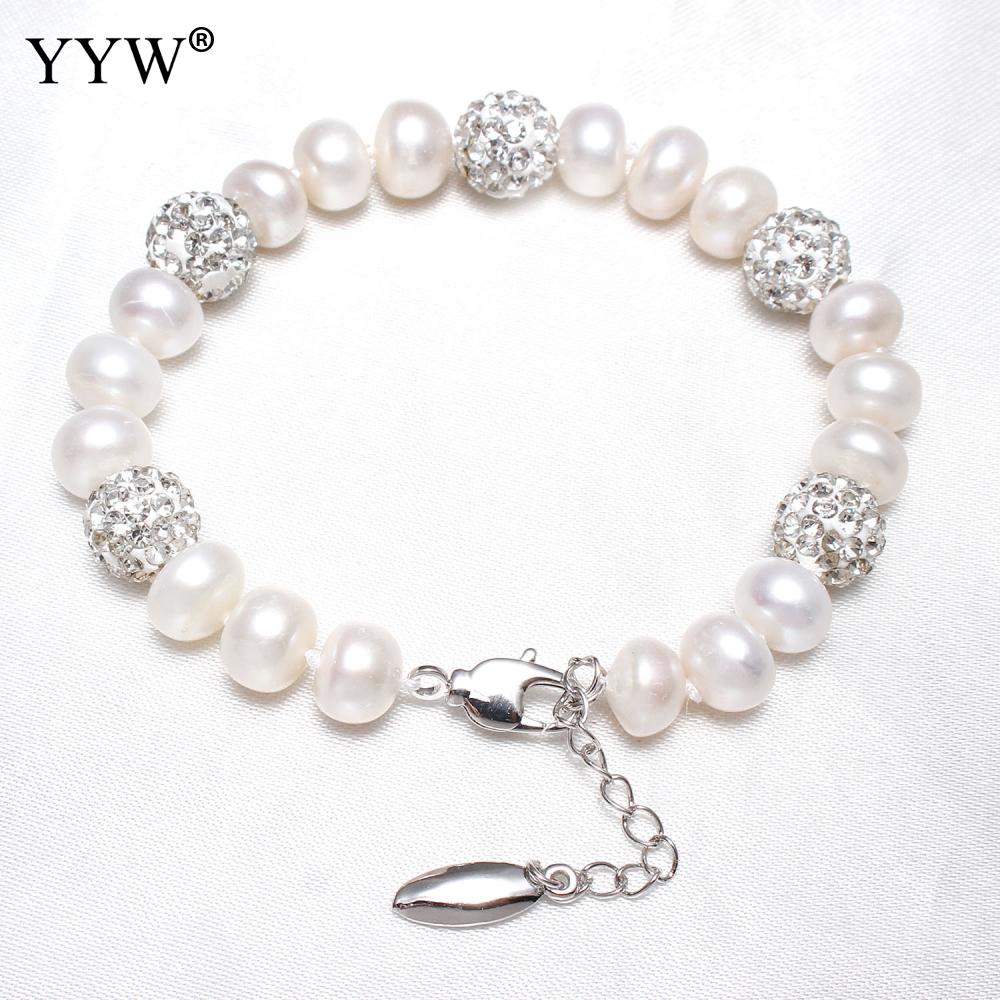 Frauen Süßwasser Perle Armbänder Karabinerverschluss Perle Armbinde Mit 5cm Verlängerung Kette Strass Abstandshalter Korn Weiß 8-9mm 7 Zoll