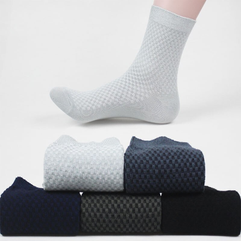 3 par/lot bambufiber långa strumpor herr crew strumpor rutiga affärsstrumpor man enfärgad höst calcetines hombre