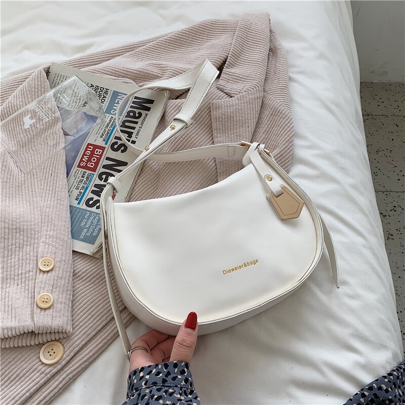 Casual Solid Color Small Crossbody Bags for Women Simple PU Leather Letter Shoulder Bag Ladies Purses and Handbags: White