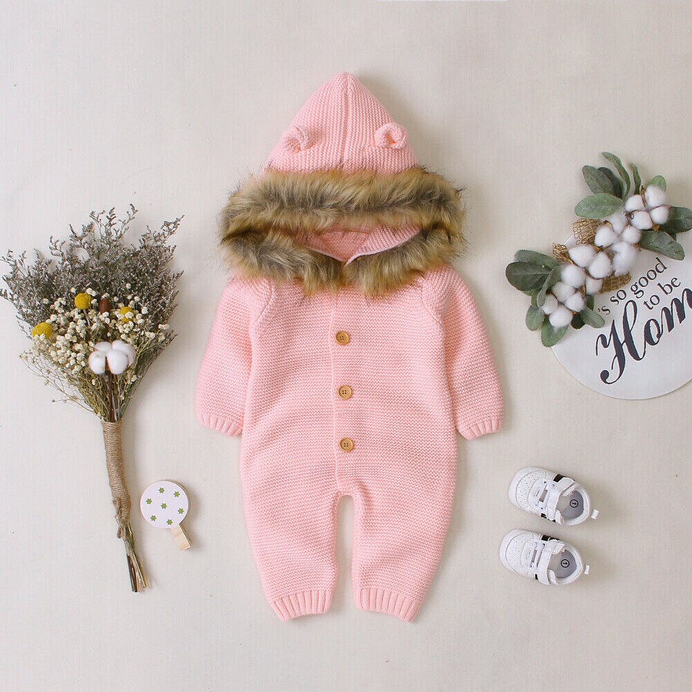 0-24M Baby Meisje Jongen Winter Rompertjes Kleding Gebreide Lange Mouwen Single Breasted Hoodie Romper Jumpsuit Outfits