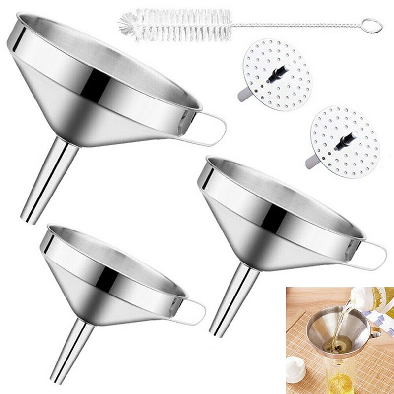 Conjunto de tres piezas de embudo de acero inoxidable, 10cm, 12cm y 14cm de ancho, embudo de boquilla de filtro con mango y colador desmontable,