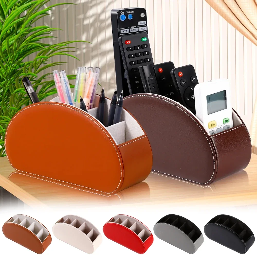 1PC Multifunctional 5 Grid Desktop PU Leather Organizer Remote Control Storage Box Cosmetics Makeup Brush Holder Sundries Stand